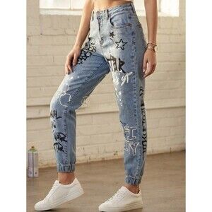 S.O.N.G. Blue Denim Graffiti Print High-Rise Jogger Jeans Streetwear Pants 1/25
